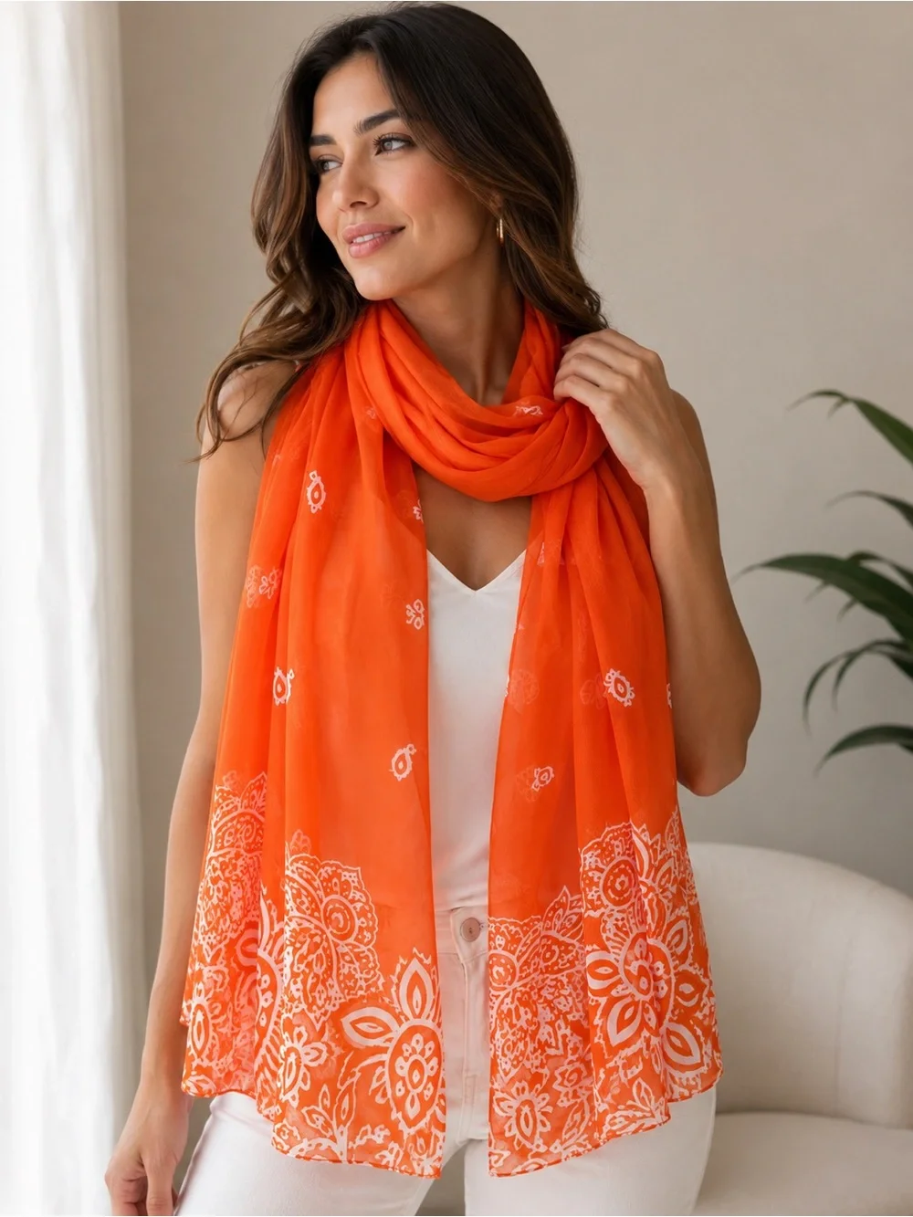 Estée Lauder Orange Chiffon Floral Scarf Lightweight Sheer Wrap Shawl